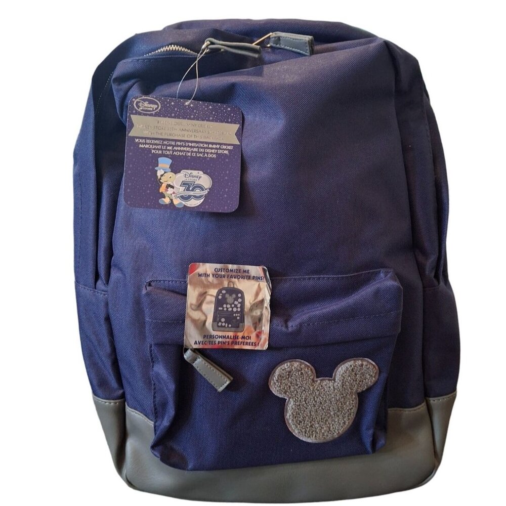 Disney 30th Anniversary Backpack Navy Blue Mickey Mouse Embroidery Front Pocket